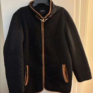 Black Jones New York Quilted Jacket Brown brown trim 1X Plus FLAW Full Zip